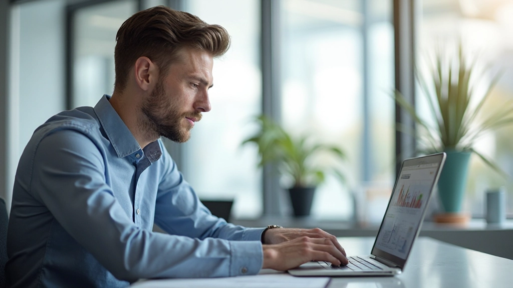 Профессионал, анализирующий данные на экране ноутбука, сидя за столом с блокнотом