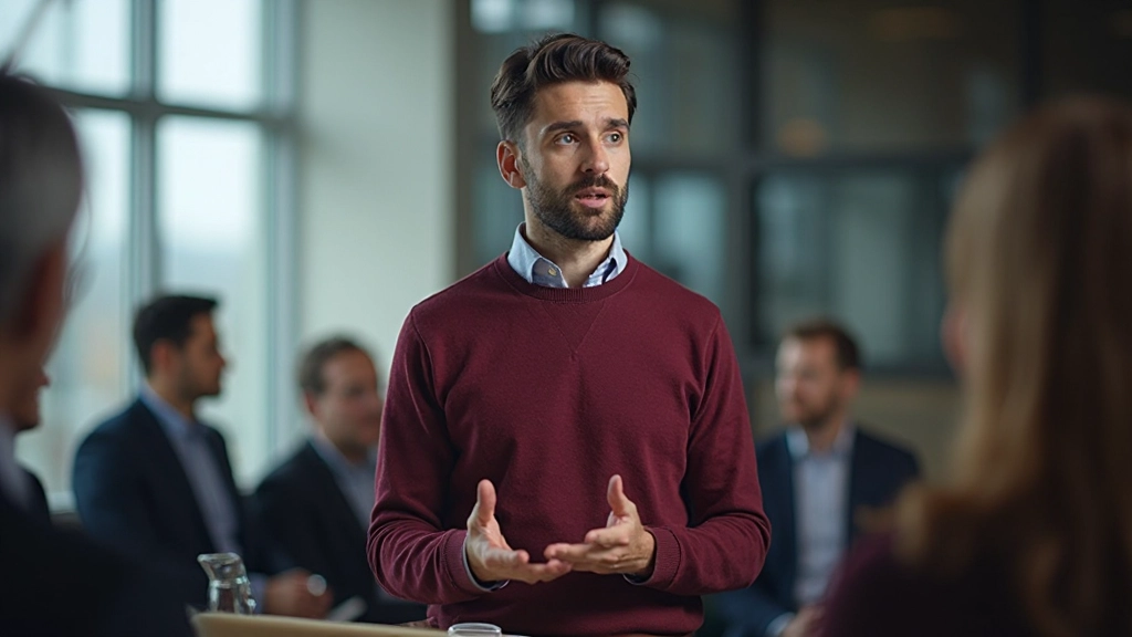 Лидер презентирует идею перед аудиторией в конференц-зале