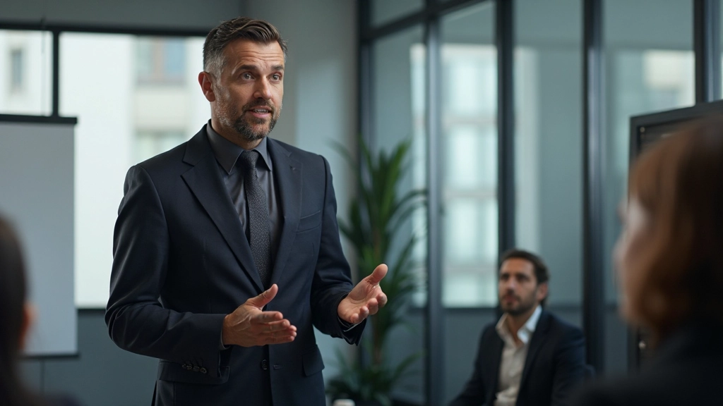 Уверенный деловой лидер, проводящий презентацию перед командой сотрудников